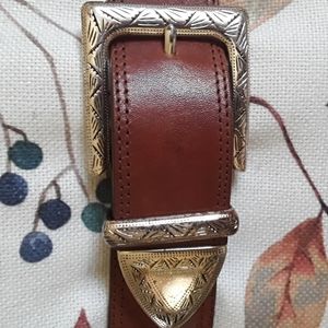 BRIGHTON BELT brown genuine leather Engraved buckle sz S